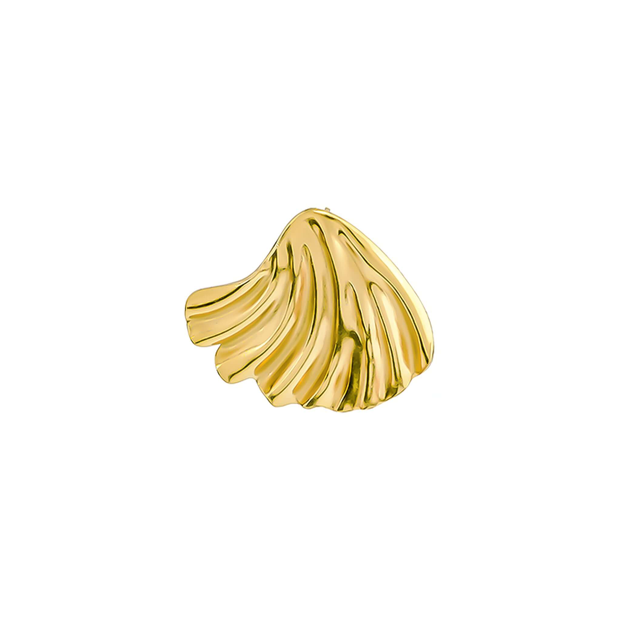 18K gold-plated shell-shaped earrings featuring a sculptural, pleated design, showcasing their intricate texture and organic form.