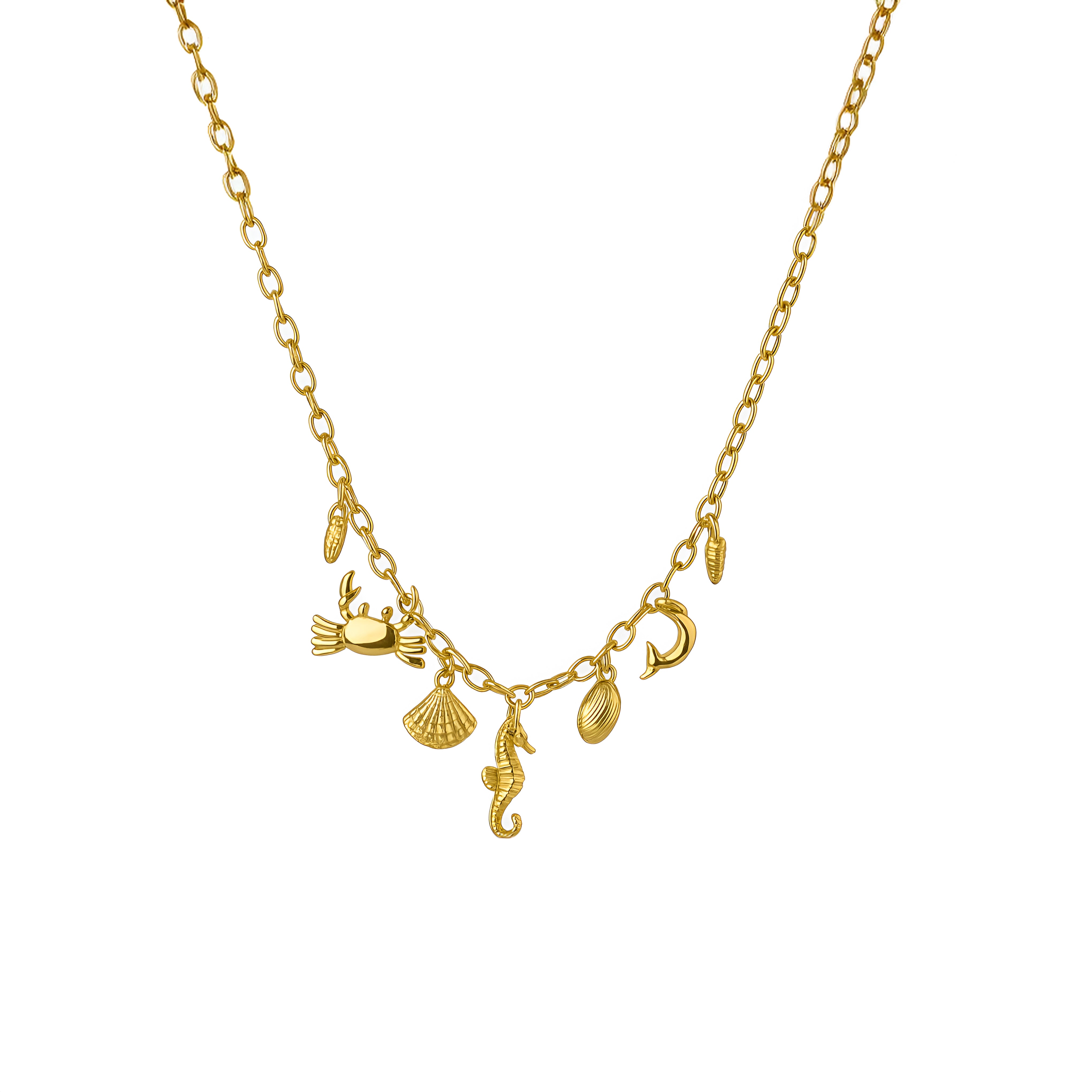 18K gold plated necklace with various charms on a white background