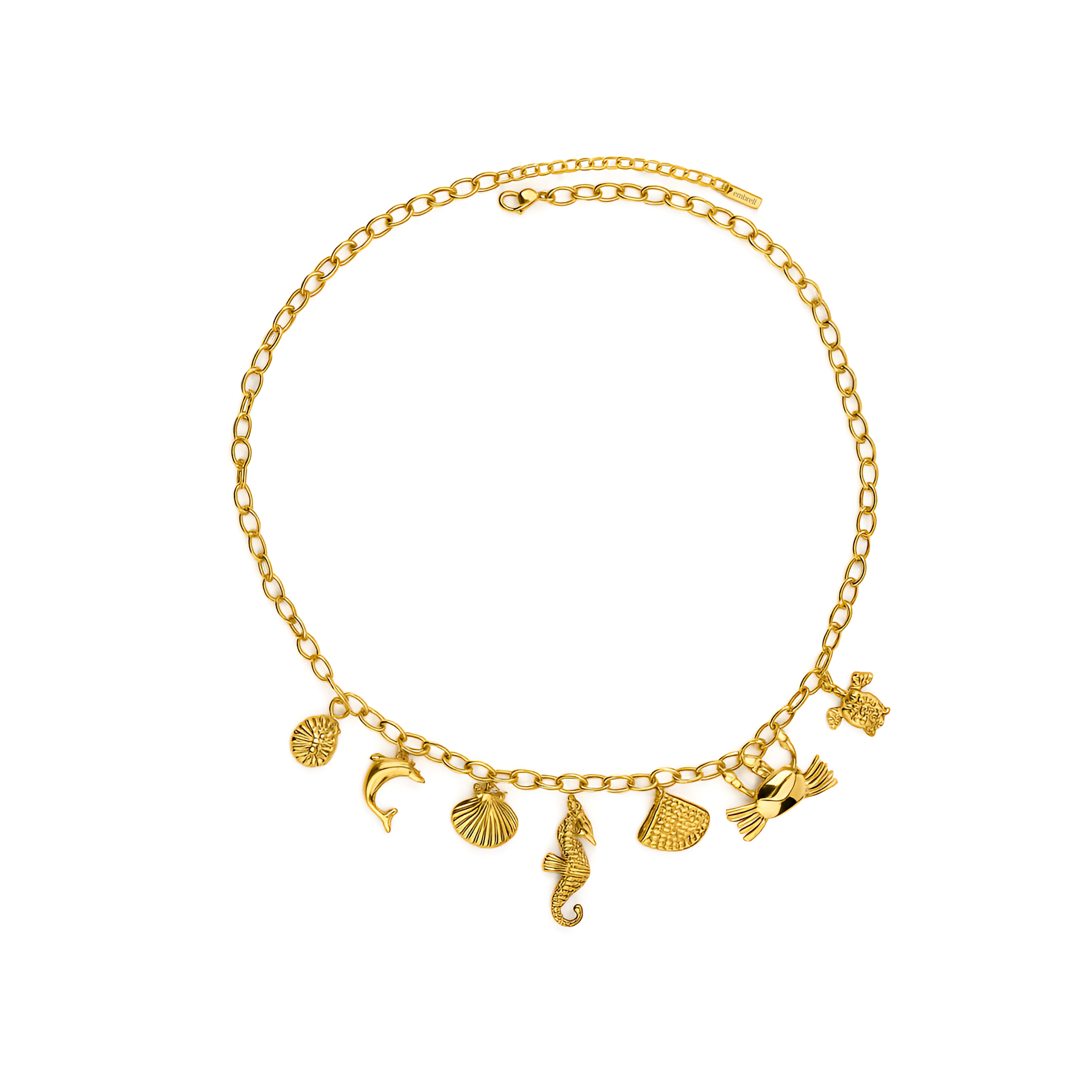 18K Gold plated necklace with various charms on a white background.